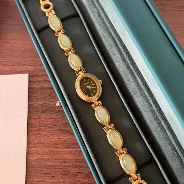 Dainty Gold Oval Green Jade Bracelet Watch for Women