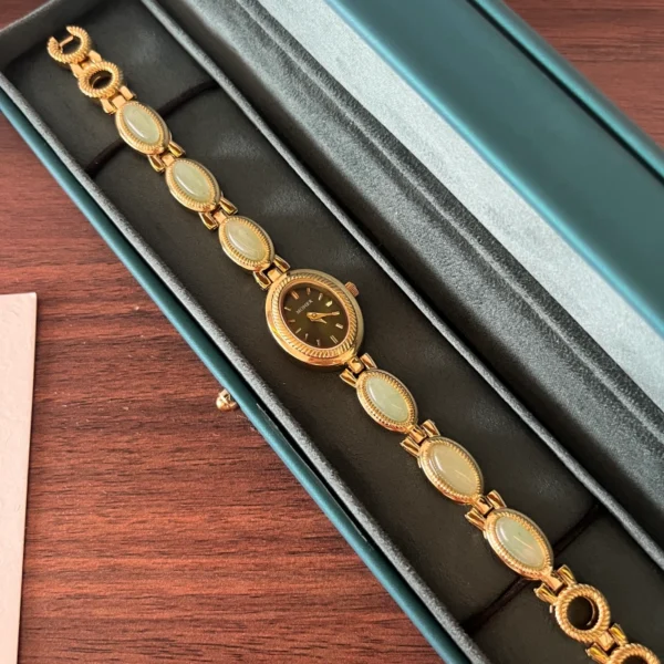 Dainty Gold Oval Green Jade Bracelet Watch for Women