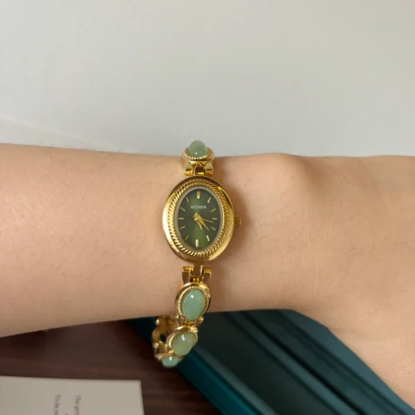 Dainty Gold Oval Green Jade Bracelet Watch for Women